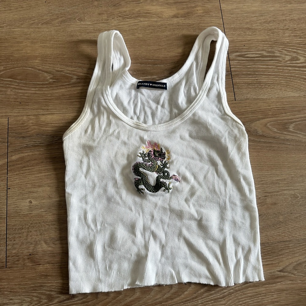 Brandy Melville White Tank with Dragon Embroidery